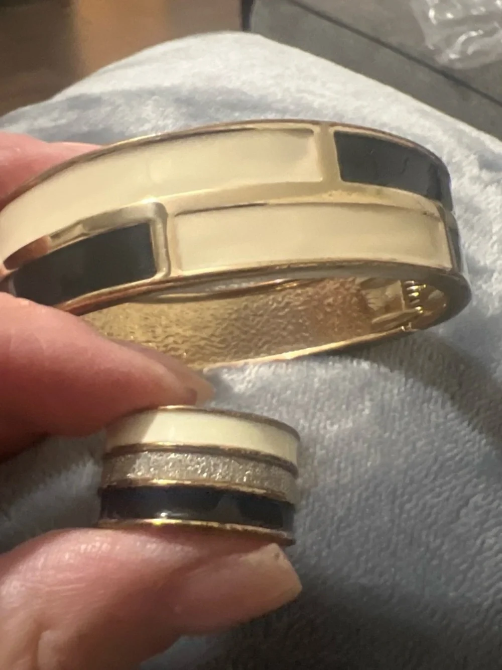 Gold-Tone Black and Cream Enamel Bangle and Ring Set